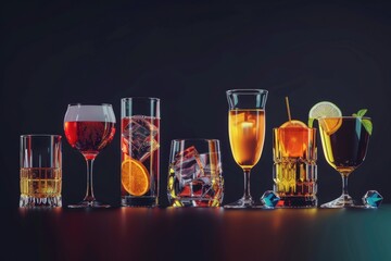 Aufkleber - A variety of drinks arranged on a table with glasses and bottles