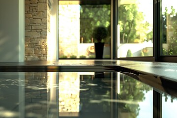 Aufkleber - A person's reflection is visible in the calm surface of a pool