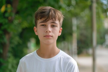 Poster - A young boy poses for a photo wearing a white t-shirt, ready to be captured by the camera