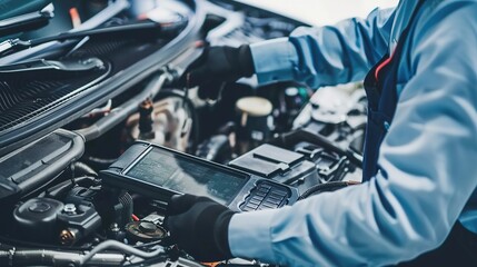 Professional auto service technicians utilizing advanced diagnostic tools to thoroughly assess the health of a modern vehicle,Emphasize the professionalism and technicality of automobile maintenance.