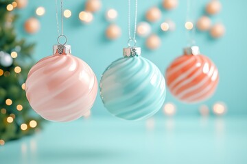 Wall Mural - A close-up of elegant Christmas ornaments in soft pastel colors, featuring a combination of blush pink and mint blue baubles.