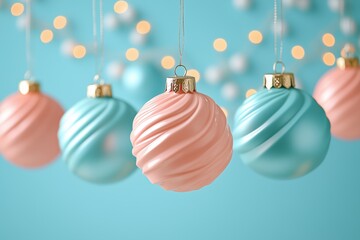 Wall Mural - A close-up of elegant Christmas ornaments in soft pastel colors, featuring a combination of blush pink and mint blue baubles.
