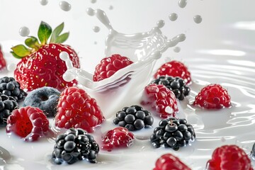 Canvas Print - Fresh berries with milk and spoon, perfect for breakfast or snack