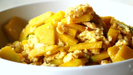 Sticker - Fried pumpkin with egg in bowl, in door  Chiangmai  Thailand.