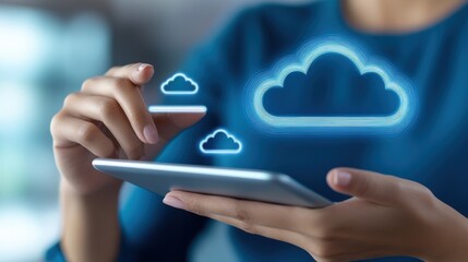 Poster - A woman holding a tablet with cloud icons on it, AI