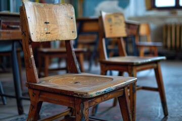 Poster - A row of traditional wooden chairs in a typical classroom setting, suitable for education and learning images