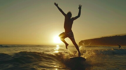 Canvas Print - A person surfing and then jumping off the board into the ocean