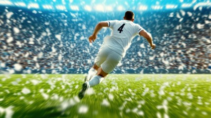 Poster - A soccer player running on a field with white confetti falling, AI