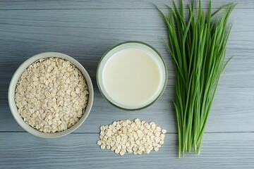 Glass with milk and oat flakes on table