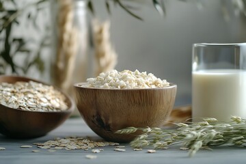 Glass with milk and oat flakes on table