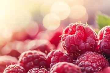 Wall Mural - Raspberry berries with green leaves on the background of the sun