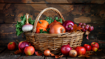 Autumn Harvest Basket with Raw Vegetables, Red Onions, and Fresh Apples for a Nutritious Meal