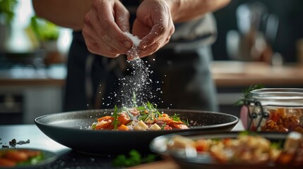 Poster - Person sprinkling salt on a plate of food, ready for serving