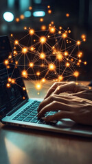 Poster - A person is typing on a laptop with a glowing, star-filled background. Concept of creativity and innovation, as the person is likely working on a project or idea that involves technology or the arts