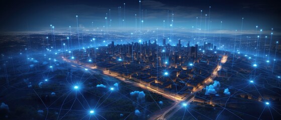 A City Illuminated by a Network of Blue Lines and Lights