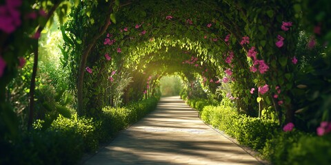  Beautiful Garden with Lush Greenery, Floral Arch, and Winding Path in a Serene, Magical Landscape