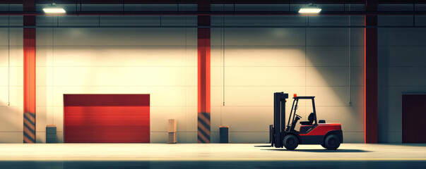 Poster - A forklift is parked in a large empty warehouse. The warehouse is dimly lit, giving it a somewhat eerie atmosphere