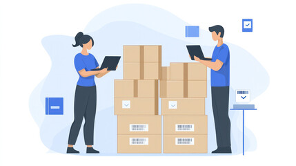 Two people are standing in front of a stack of boxes, one of them is holding a laptop