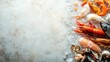 © sa-photo - Fresh seafood spread with copy space, featuring a variety of shellfish, fish, and crustaceans on ice.