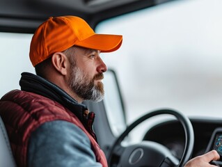 A bearded man in an orange cap drives a vehicle, looking out the window.