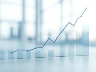 A blue line graph and bar chart rise against a blurred office background, symbolizing business growth and success.