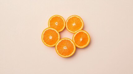 Five slices of orange arranged in a circular pattern on a light background.