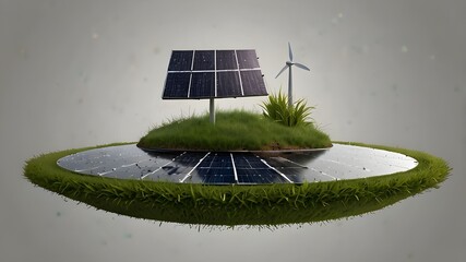 floated green grass island with solar panel in the air isolate on transparency background PNG