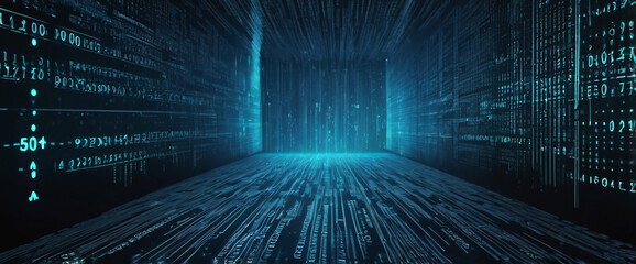 An abstract digital background with binary code and AI algorithms running in the background