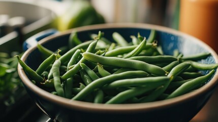 Wall Mural - Close Up of Green Beans in a Blue Bowl