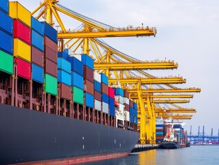 A large cargo ship loaded with colorful containers at a busy port. Cranes load and unload cargo.