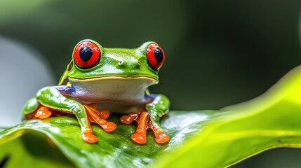 Sticker - Red-Eyed Tree Frog Perched on a Green Leaf