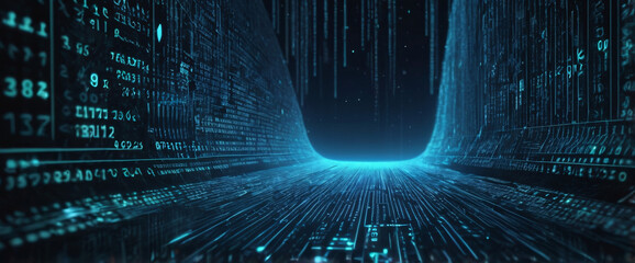 An abstract digital background with binary code and AI algorithms running in the background