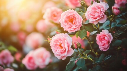 Wall Mural - Blooming Pink Roses in a Sunlit Garden