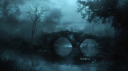 Wall Mural - Haunted bridge over a dark river