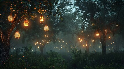 Wall Mural - Eerie forest with hanging lanterns