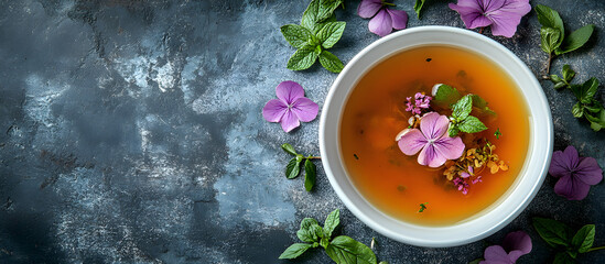 A bowl of soup with flowers on top of it