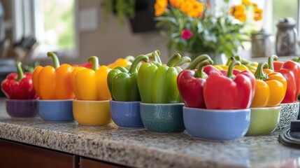 Poster - A Row of Colorful Bell Peppers in Bowls on a Kitchen Counter