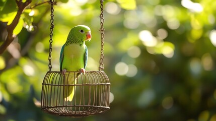 Parakeet Perched in a Cage with Green Bokeh Background