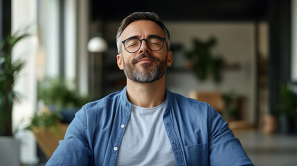 A man with glasses meditates in a modern office environment, creating a sense of calm and focus amidst a busy workday.