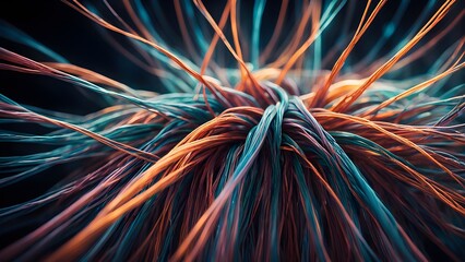 A colorful, tangled mass of wires with a blue and orange strand in the middle