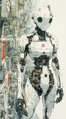 Poster - A robot is standing in front of a cityscape. The robot is white and has a green eye. The cityscape is filled with buildings and a few cars. The robot appears to be a futuristic figure