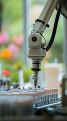 Poster - A robot is working on a line of bottles. The robot is white and has a black arm. The bottles are lined up on a conveyor belt and the robot is filling them with a liquid. The scene is industrial