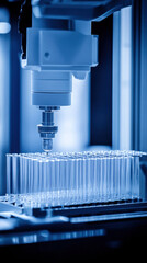 Poster - A machine is spraying a liquid into a row of clear tubes. The tubes are lined up in a row and are all the same size
