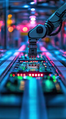 Poster - A robot is working on a circuit board. The robot is surrounded by many other circuit boards. The robot is focused on its task and he is working diligently