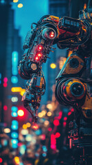 Poster - A robot with yellow and red parts is standing in a city. The robot is surrounded by lights and has a futuristic look