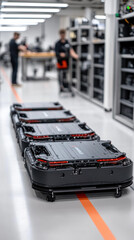 Poster - A row of robots are lined up in a factory. The robots are black and red