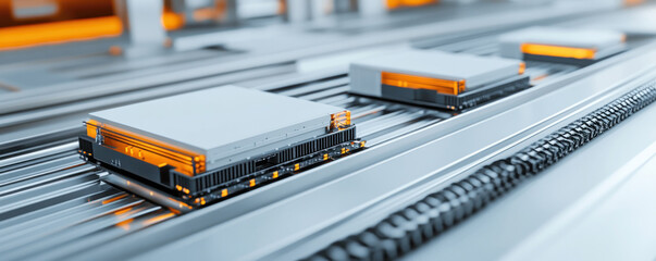 Poster - Three robots are on a conveyor belt. The robots are orange and white