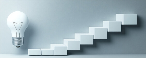 Poster - A white light bulb is on top of a white staircase