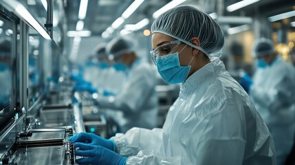 Workers overseeing an automated assembly line in a cleanroom environment, ensuring sterile production.