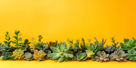 Orange mini succulent garden web banner. Mini succulent garden isolated on orange background with copy space.